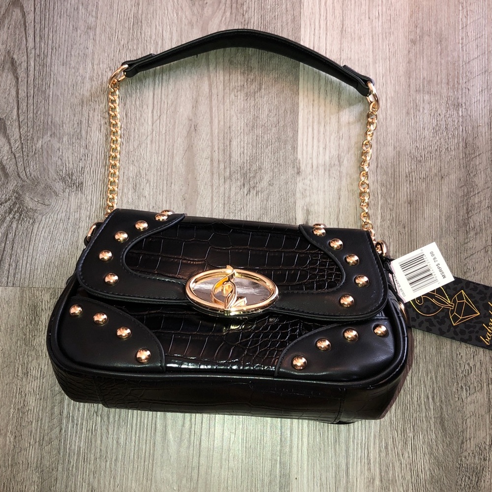 Baby Phat Black Croc Embossed Faux Leather Flap Shoulder Bag Studded Accents NWT